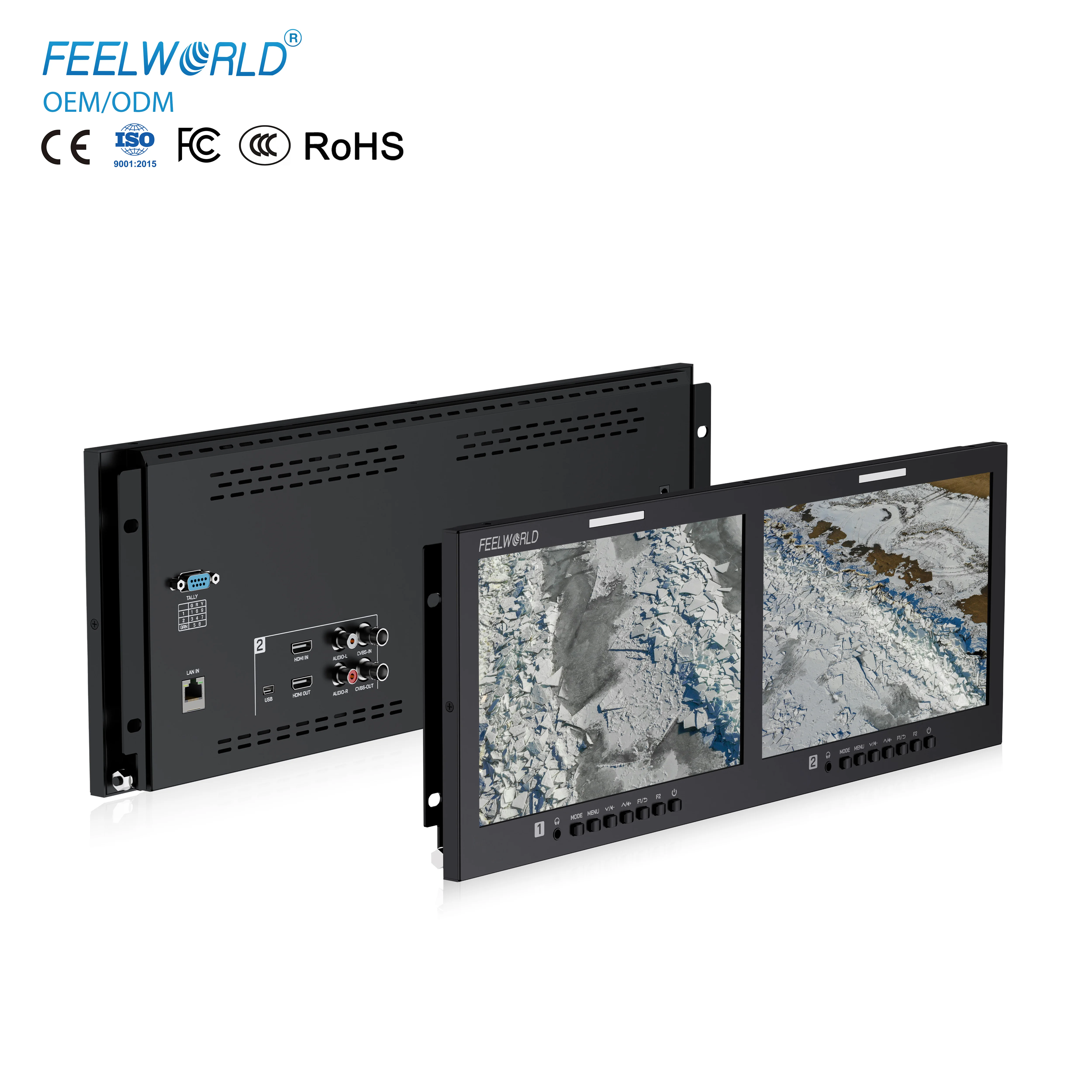 Dual 10.1 Inch 4RU Rack Mount Monitor IPS 1920x1200 4K HDMI CVBS Professional Broadcast Video Display