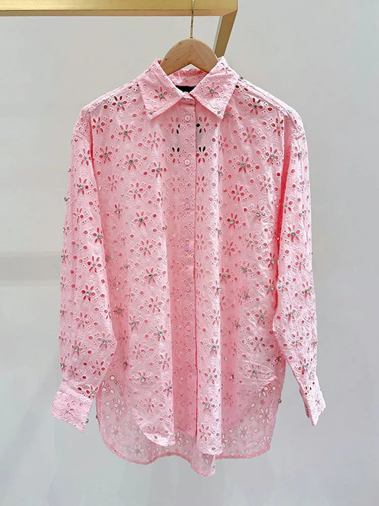 

M Home Nan You High End Women's Spring Sweet Hollow out Embroidery Diamond Pink Shirt Top Women's Fashion Commute Style