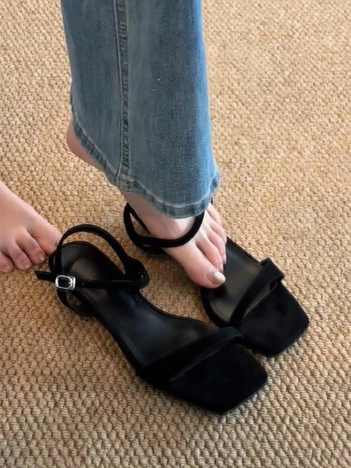roman-style-leather-sandals-women's-summer-new-flat-heel-toe-open-comfortable-fashionable-low-top-buckle-closure-casual-shoes