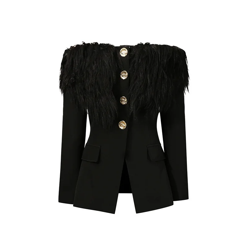 HKSH Primavera Autunno Nuove donne Blazer con spalle scoperte monopetto abbottonato patchwork pelliccia sintetica Slim Fit cappotto sexy di fascia alta HK13811