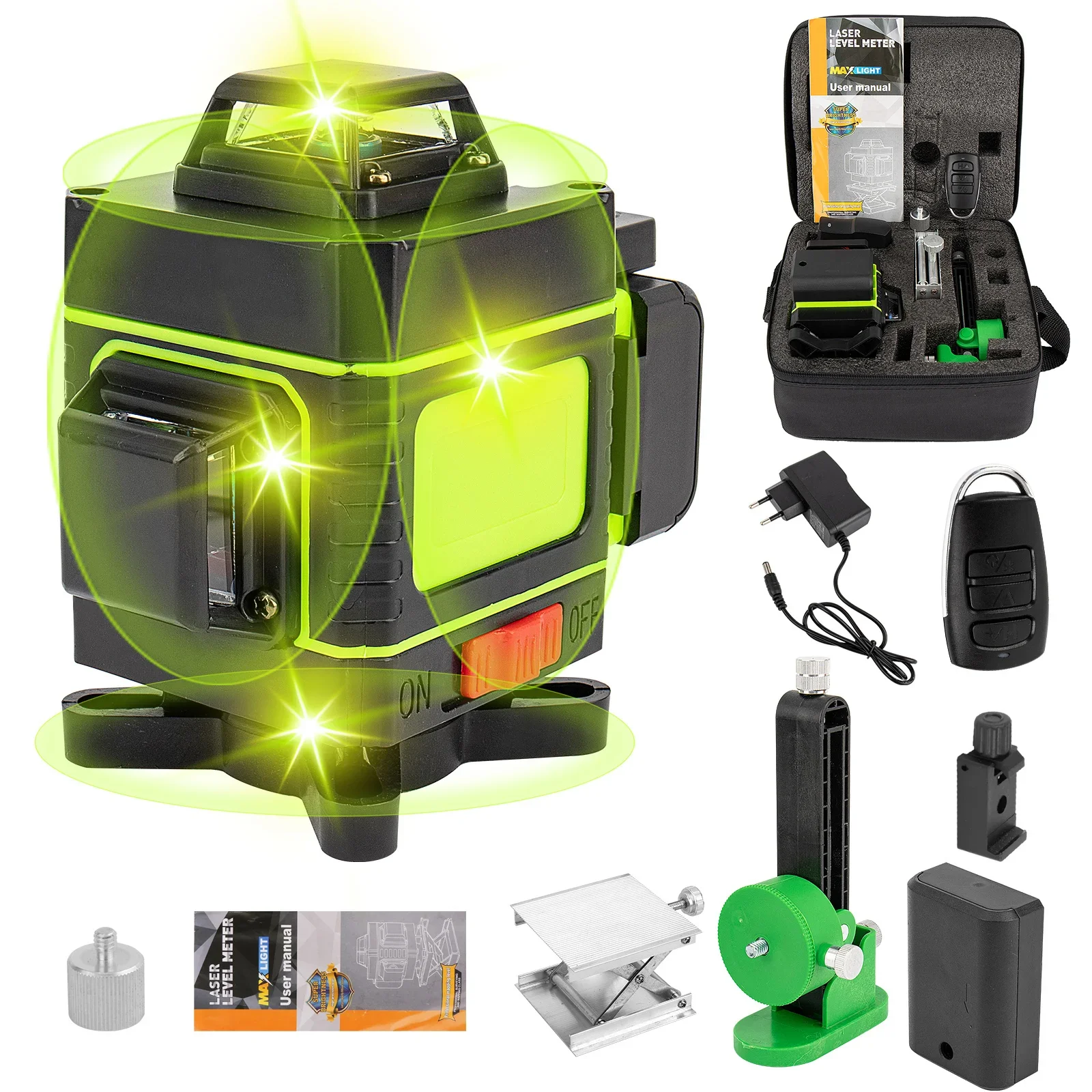 16 Lines 4D Laser Level Green Laser Line Self Leveling Horizontal Lines & 360 Degree Vertical Cross with Battery for Outdoors