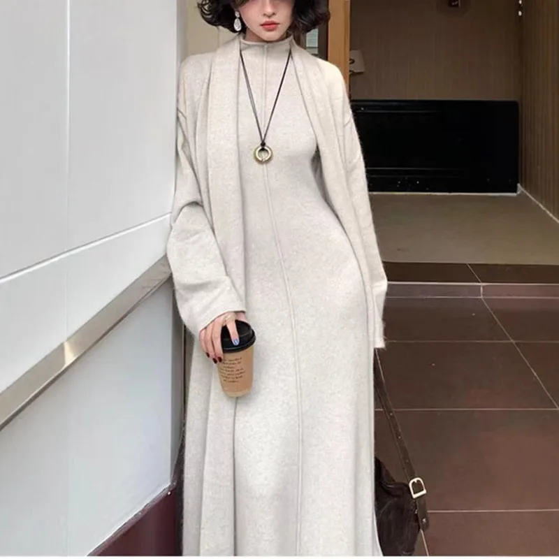 EAEOVNI Elegant Knitted 2 Piece Set Women Long Cardigan Long Coat + Sleeveless Slim Solid Color Dresses Fashion 2025 Winter New