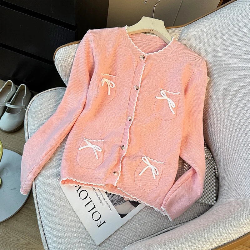 Suéter coreano elegante con lazo suave para mujer, cárdigan con cuello redondo, abrigo informal de manga larga, Tops de punto holgados y dulces para otoño