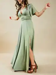 Women's knitted V-neck solid color elegant short-sleeved long slit dress