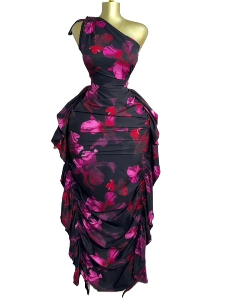 

Women Floral Printed One Shoulder Sleeveless Stacked Ruched Bodycon Midi Maxi Long Dress 2025 Sexy Party Evening Dresses