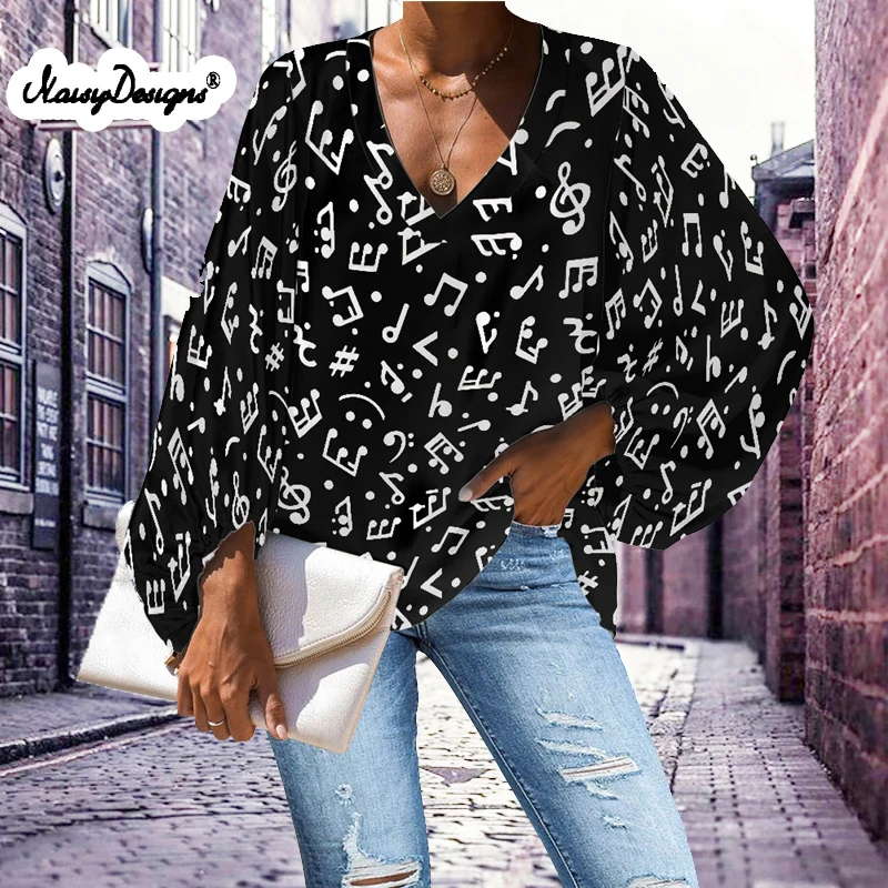 Noisydesigns Women's Loose Blouses Beautiful Black Music Notes 2022 Summer Autumn 2XL 4XL Shirts Long Sleeve Evening Party Tops