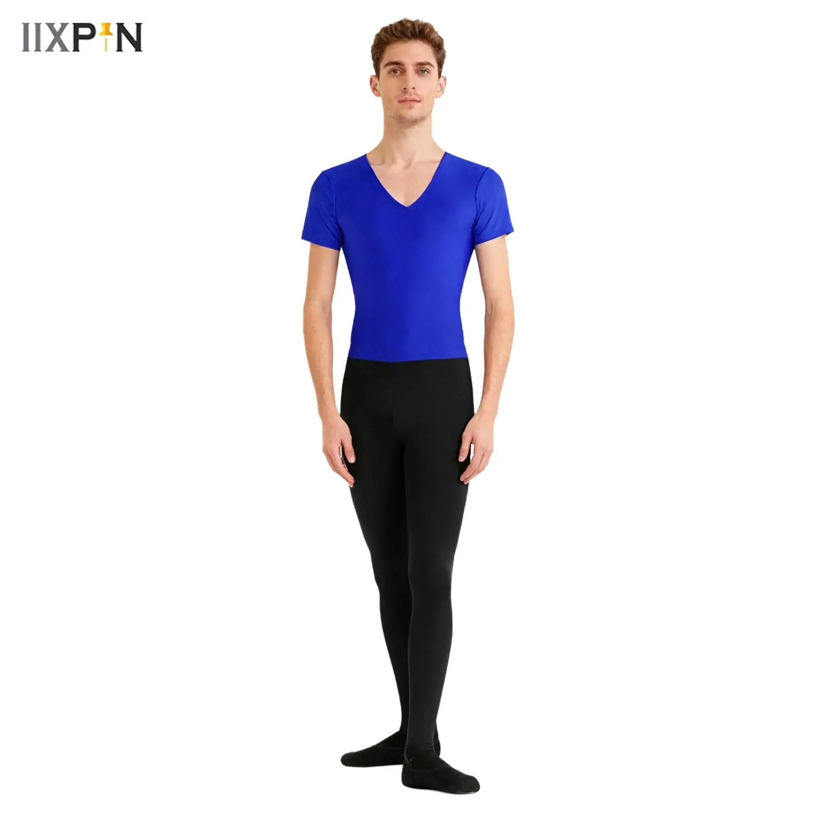 

Men's Ballet Dance Unitard Jumpsuit V Neck Short Sleeve Leggings Long Pants Contrast Color One Piece Bodysuit Yoga Dance Costume