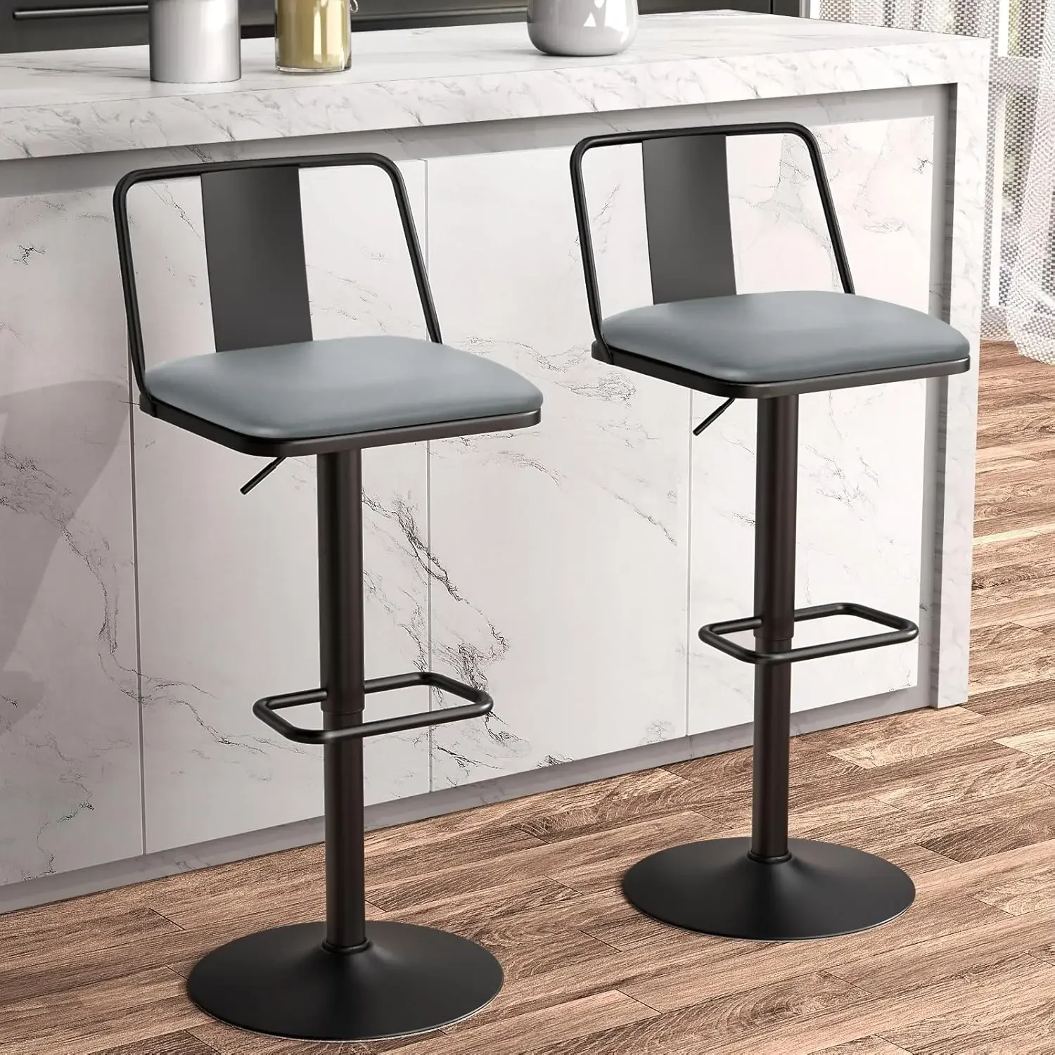 

Metal Swivel Barstools Set of 2,Enlarged PU Leather Seat with Metal Back, Adjustable from 24"to 33"for Counter Height&Bar Height