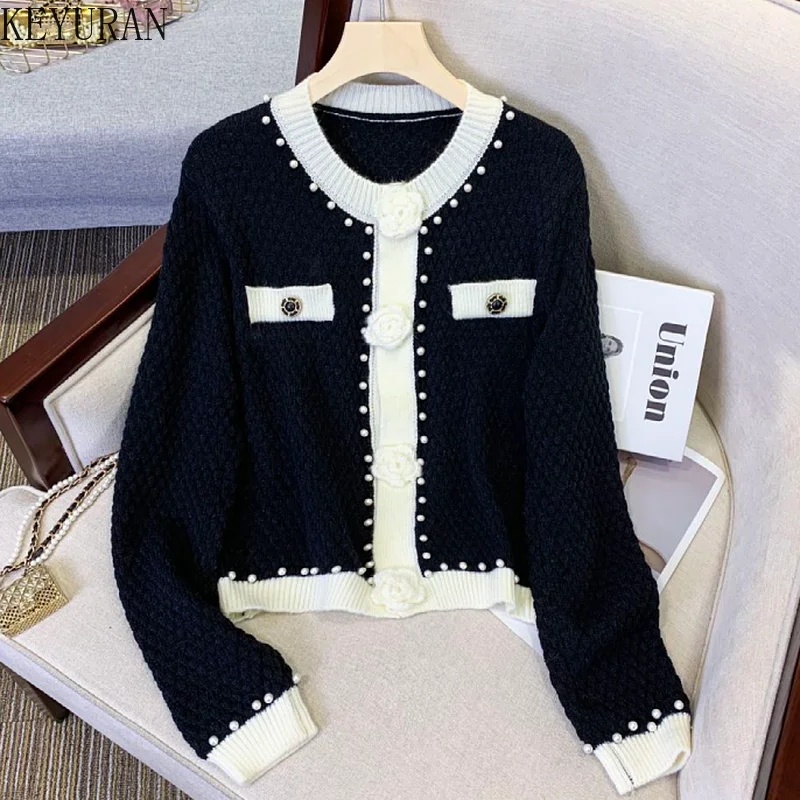 2023 New Autumn White Knitted Cardigans Sweater Women Korean Fashion Rose Flower Pears Beading Long Sleeve O-neck Sweaters Coat