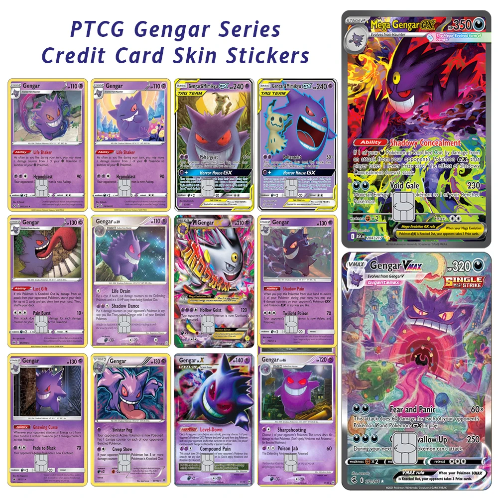 Pegatinas de monstruos de bolsillo, pegatina de piel de tarjeta de crédito de la serie PTCG Gengar para VISA JCB MasterCard y otras tarjetas IC de decoración