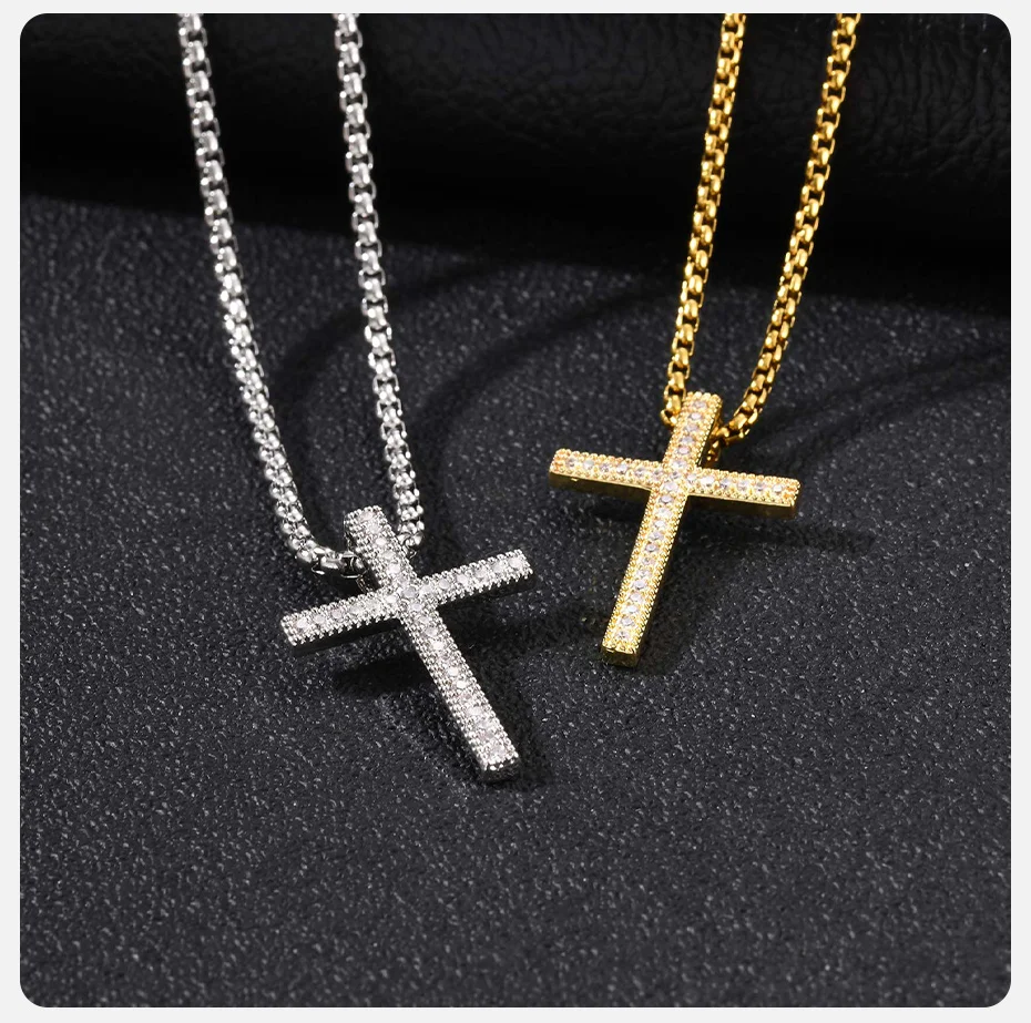 Vnox Gold Silberfarbene Kreuz-Anhänger-Halskette für Männer, Kupfer-Anhänger-Halskette, Christlicher Religiöser Hip-Hop-Modeschmuck Geschenk – Detail 5