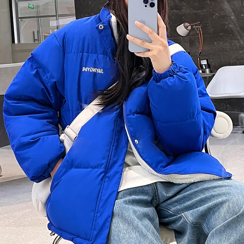 2022 winter new fleece fluffy jacket cotton clothes Harajuku plush zipper winter coat men and women solid color casual jacket