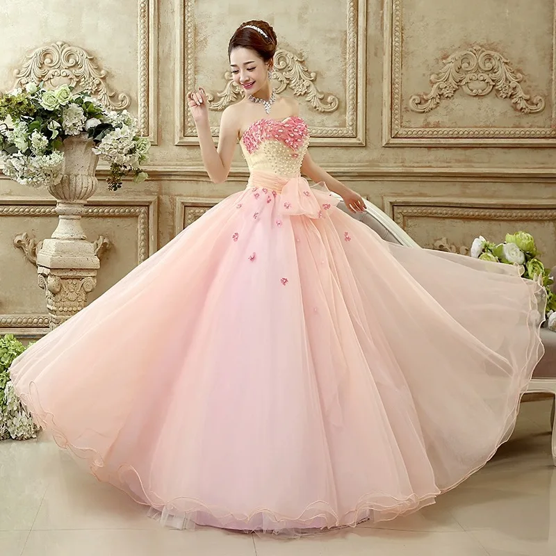 New Flesh Pink Strapless Puffy Dress for Birthday Party, Vocal, Piano, Host, Art Exam, Colorful Gauze Performance Costume