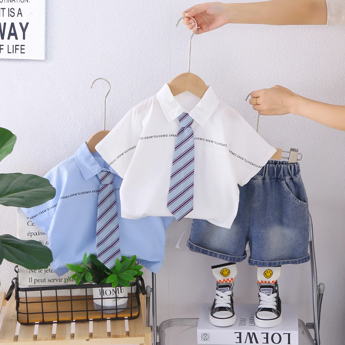 2026 Summer Baby Boy 2PCS Preppy Outfit Short Sleeve Shirt with Striped Tie & Denim Shorts Set for Kids School Party Birthday