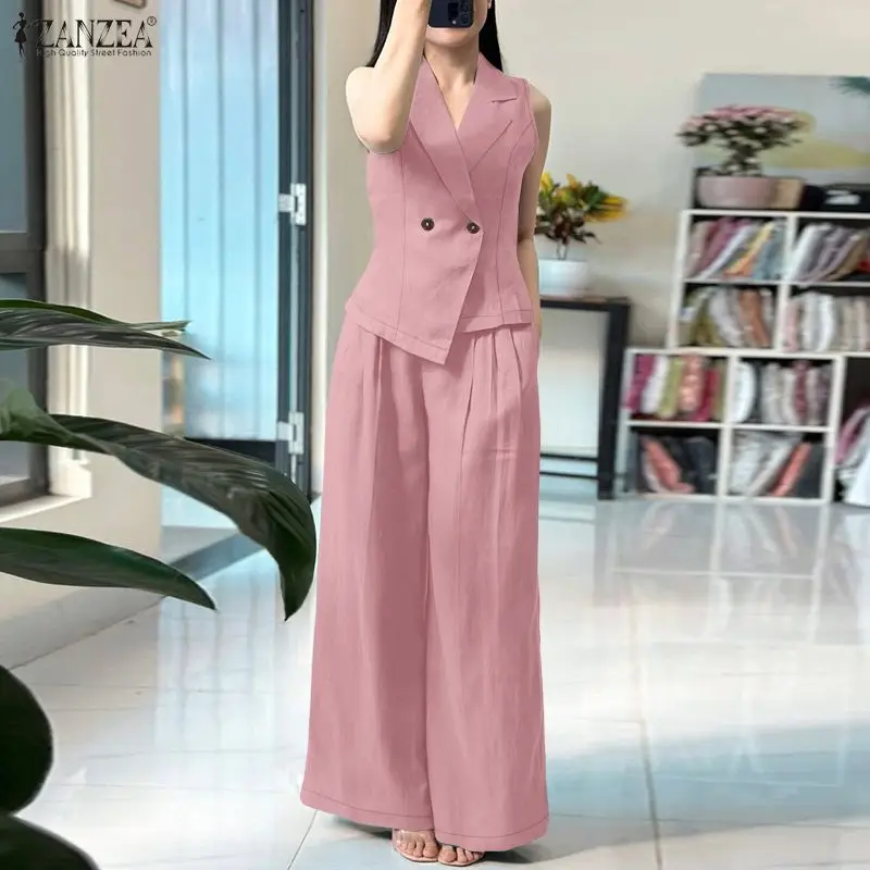 

2026 ZANZEA Summer Elegant Sleeveless Vest Tops Wide Leg Pant Sets Women 2 Piece Sets Stylish Solid OL Work Outfits Tracksuit