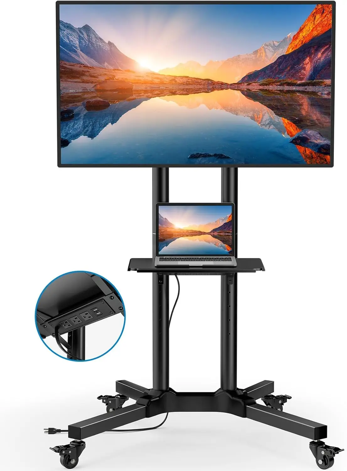 

Rolling TV Stand with Power Outlet for 32-85 Inch Flat/Curved LED TVs, Tilt TV Cart with Adjustable Shelf, Mobile TV Sta