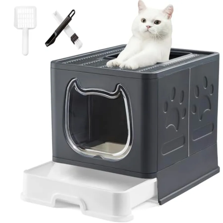 

Litter Box with Lid for Small to Medium Cats, Enclosed Cat Litter Box with Cover High Sided Top Entry Cat Box with Brush and Sc