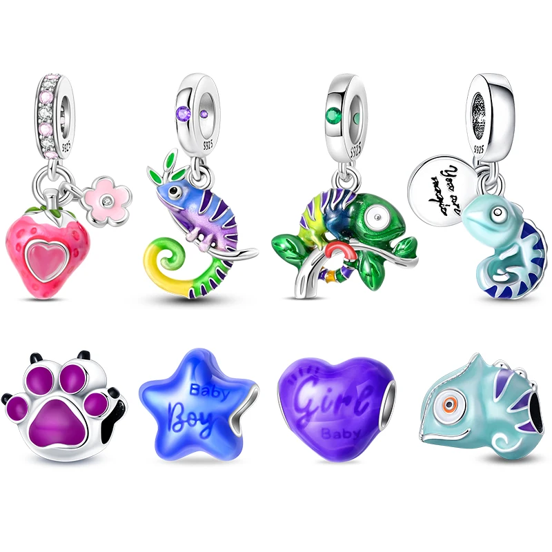 

S925 Sterling Silver Chameleon Strawberry Claw Pad Heart Star Chameleon Charms Beads Fit Pandora Original Bracelets DIY Jewelry