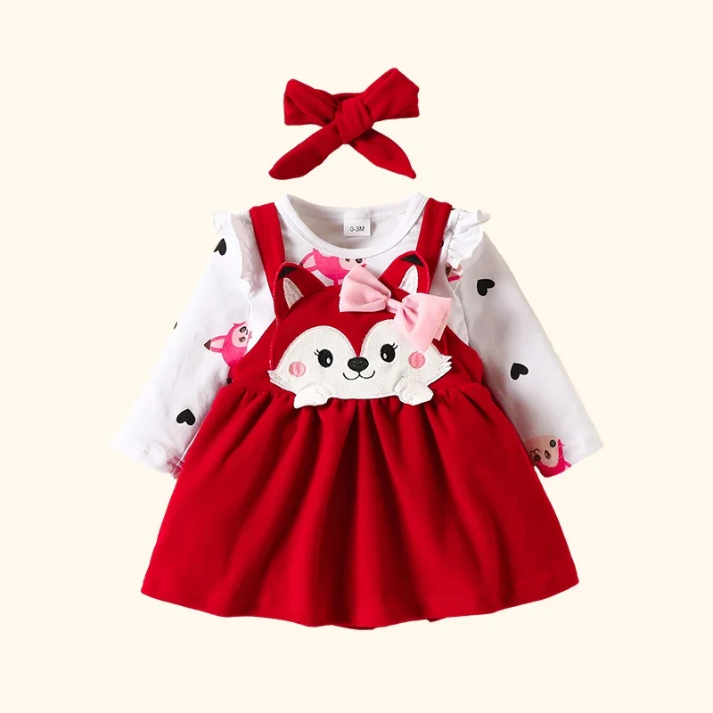 Ensemble barboteuse + robe à bretelles + nœud papillon pour bébé fille, vêtements pour nouveau-né avec imprimé renard de dessin animé, tenues pour