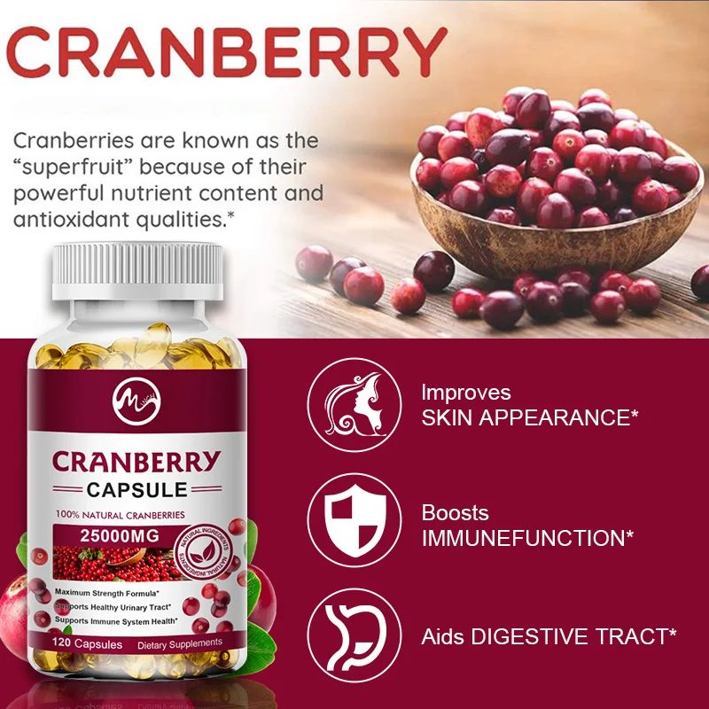 Minch Cranberry Extract Supports Urinary System Health Bladder Health Potent Antioxidant  Vitamin C Capsule Supplement For Adult