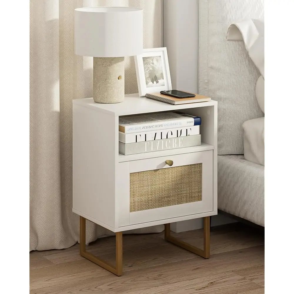 

Rattan Nightstand,Modern Boho Farmhouse Wood Bedside Table With Storage Drawer And Open Shelf,Small Gold Frame Side End Table