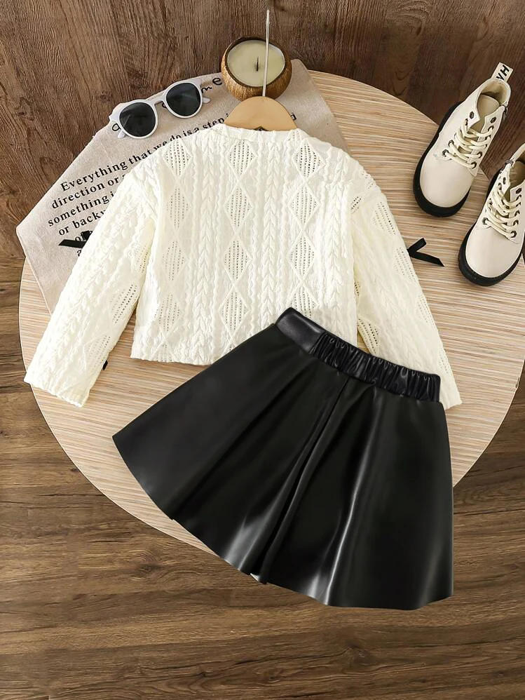 2-Piece Set: Girls' White Bow-Knot Hollow-Out Long-Sleeve Top + Black Pu Leather Skirt Set, Sweet and Cute Fashionable Skirt Set for Girls, Young Lady Style Knitted Top and Short Skirt Two-Piece Set, Casual Spring and Autumn Outfit for Girls, Suitable for Outdoor Activities, Parties, and as a Gift