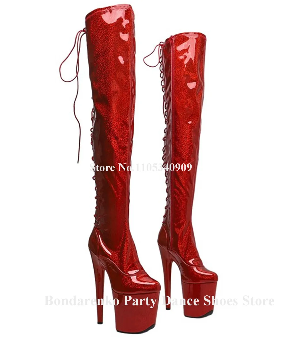 Bondarenko Luxury Red Patent Leather Stiletto Heel Over Knee Boots Round Toe Back Lace-up 20cm Thin Heel Long Dance Shoes