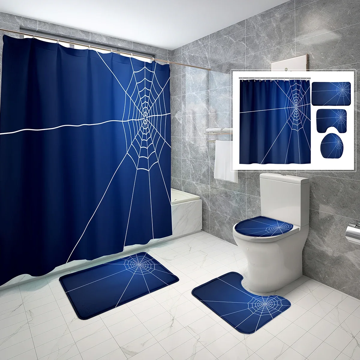 4 Pcs Spider Web Shower Curtain Sets with Non-Slip Rugs Mat Toilet Lid Creativity Thriller Theme Waterproof Shower Curtain Set