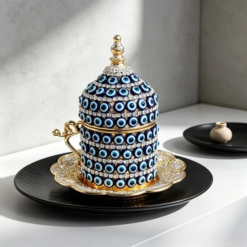 Handmade Turkish Evil Eye Coffee Mug Set, Royal Gold Silver Rhinestone Cup, Ceramic Drinkware Gift Box for Home Decor.