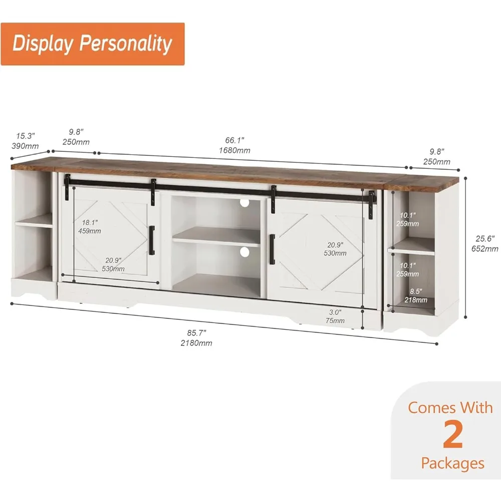 حامل تلفزيون متعدد الوظائف على طراز المزرعة لـ 95 تلفزيونًا، مركز ترفيه خشبي 3 في 1 مع باب منزلق وأرفف قابلة للتعديل #3