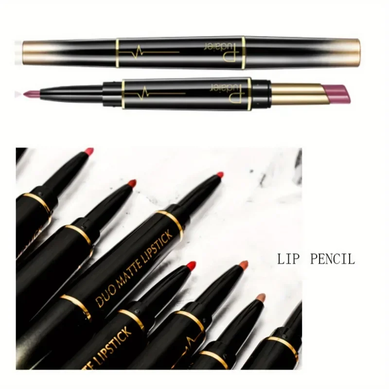 ลิปสติกสองหัวสีด้าน 1 ชิ้นและลิปไลเนอร์ - ผิวด้าน ปลายแม่นยำ นุ่มลื่น ถ้วยไม่ติด ของขวัญคริสต์มาสที่สมบูรณ์แบบ