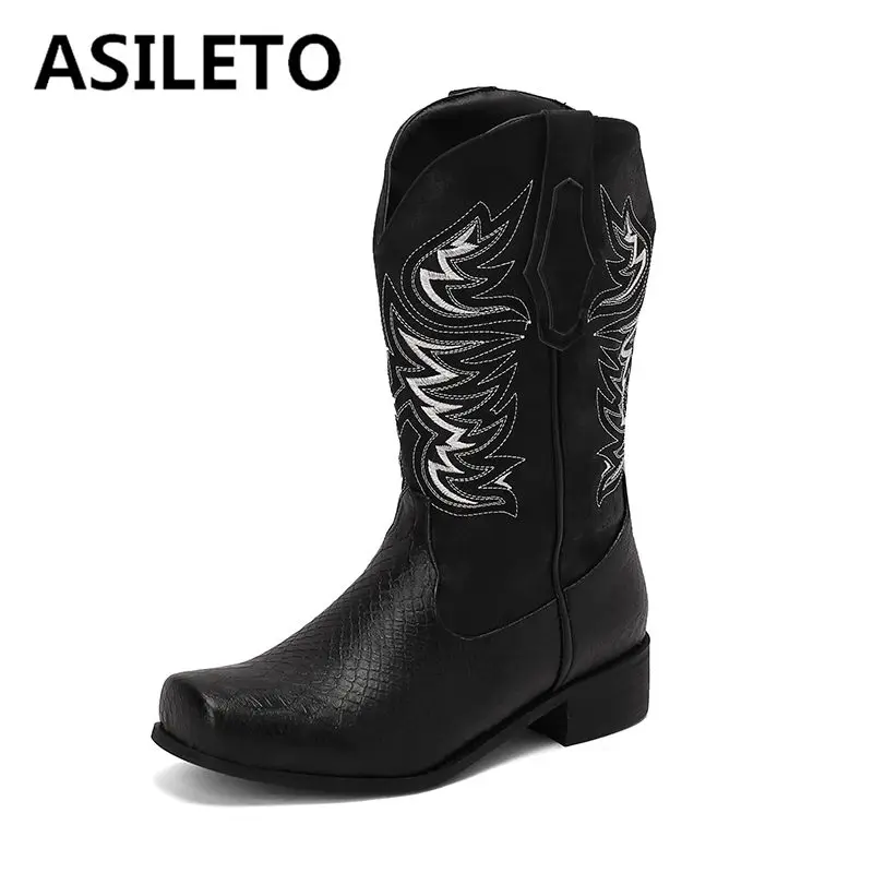 

ASILETO Leisure Women Mid Calf Western Boots Square Toe Low Heels 3.5cm Slip On Embroider Big Size 48 49 50 Vintage Daily Bota