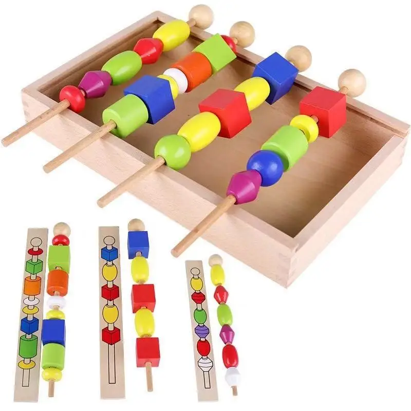 Montessori Educational Games Colorful Shape Stick Bead  Set Blocks Wooden Toys for Children Baby Brinquedo