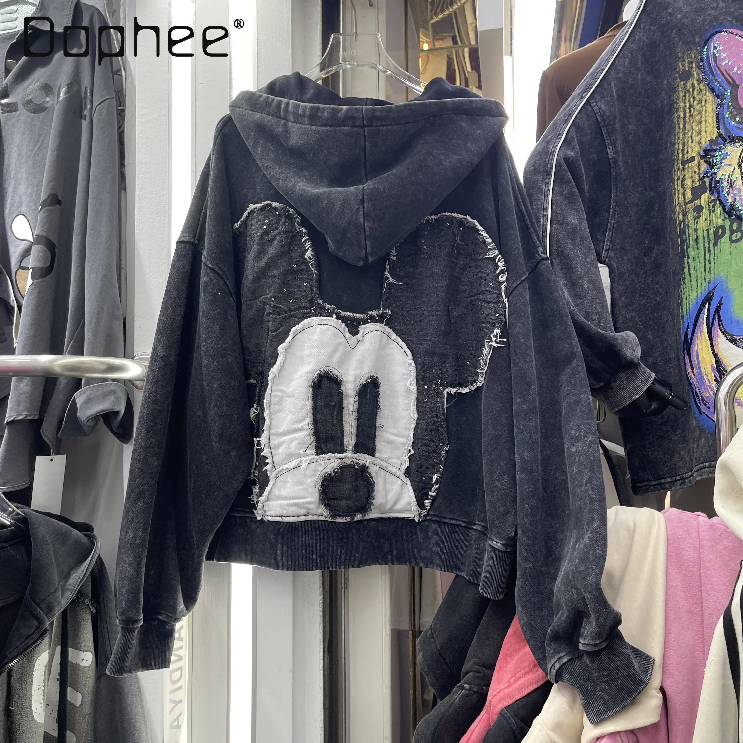 2025 New Heavy Embroidery Cartoon Short Jacket for Women Loose Fit Versatile Trendy Brand Hooded Sweatshirt Black Jacket