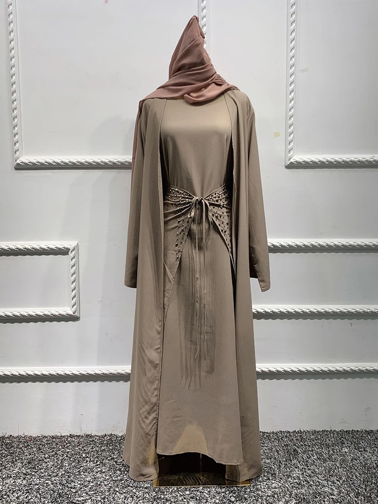 

Muslim Open Kimono Abaya with Scarf, Wrap and Dress, Dubai, Turkish, Solid Diamonds Hijab, Moroccan, Gulf, Arab Robe, Women Set