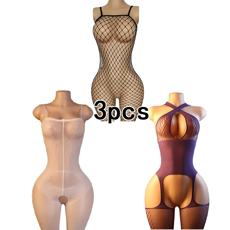 3-Piece Set – Women's Sexy Bodysuit: Sheer, Sleeveless, Halter-Neck Cutout Design with Open Crotch – Perfect for Valentine's Day