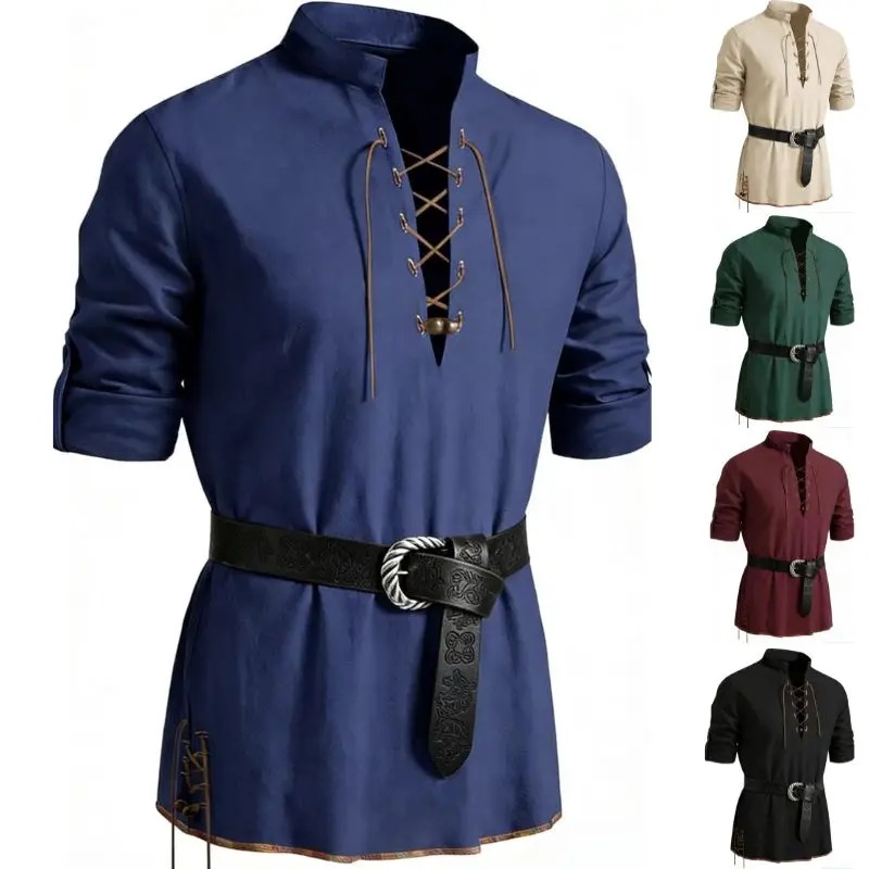 Chemise médiévale de pirate pour homme Runcati, en coton, style rétro, à lacets, chemises Renaissance, chemises vikings à manches longues, costumes d'Halloween