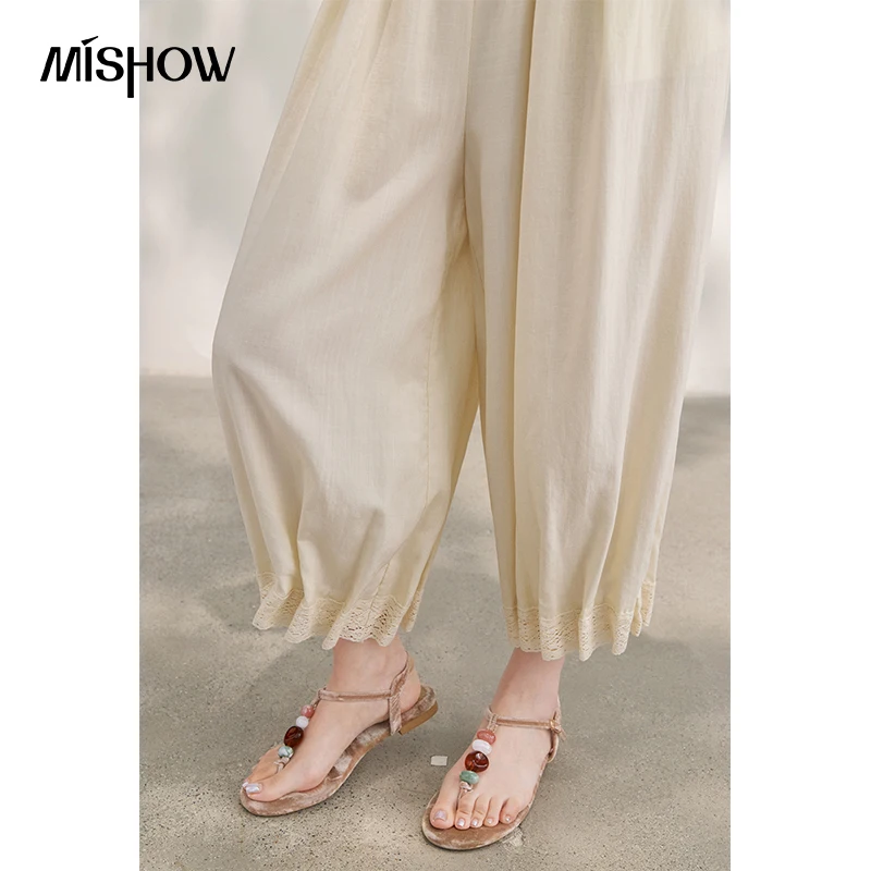 MISHOW French Lace Spliced Lantern Pants For Women Summer Solid Color Elastic Waist Pocket Minimalist Fashion Pants MXF25K1292