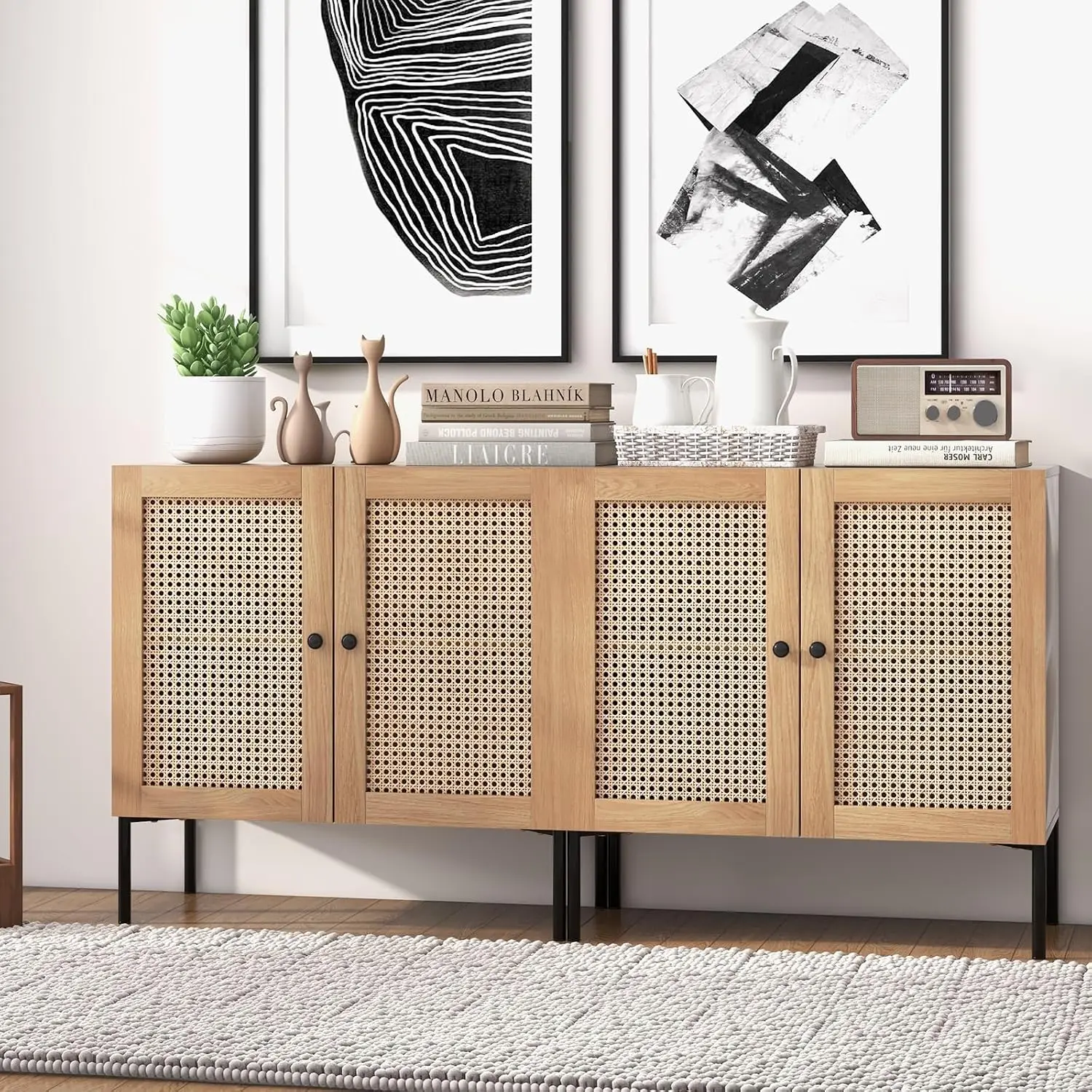Wood Sideboard Cabinet Set of 2 with Rattan Door, Adjustable Shelf, Freestanding Coffee Bar Storage for Living Room Kitchen, Cus