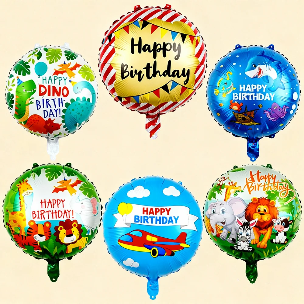 18 Zoll Tier-Folienballons Runde Happy-Birthday-Dekoration Dschungeltiere Dinosaurier Flugzeug Hai Geburtstagsparty-Ballons