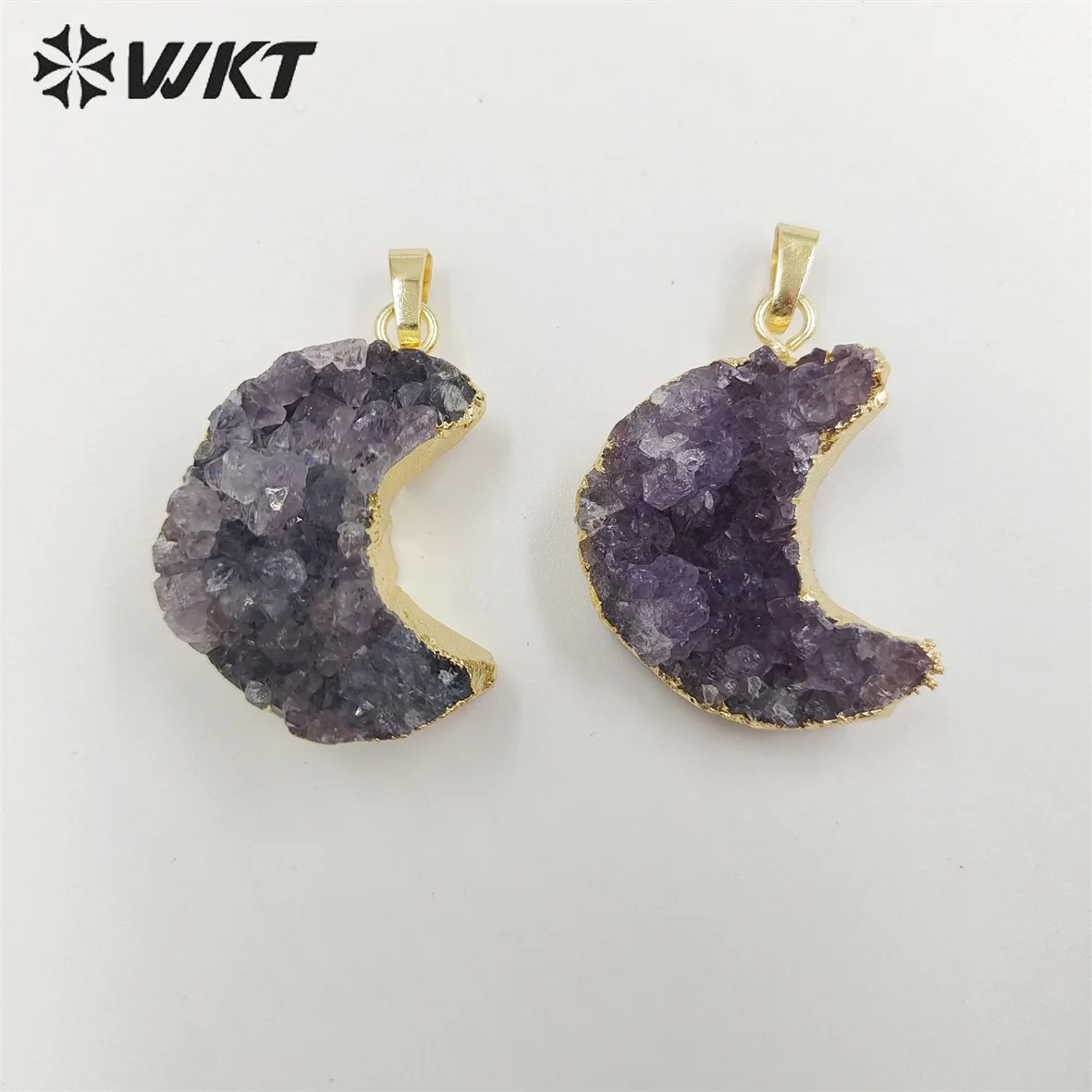 

WT-P1858 Amazing Fashion Gold Trim Crescent Moon Druzy Amethyst Stone Pendant Small Women Brazil Moon For Necklace