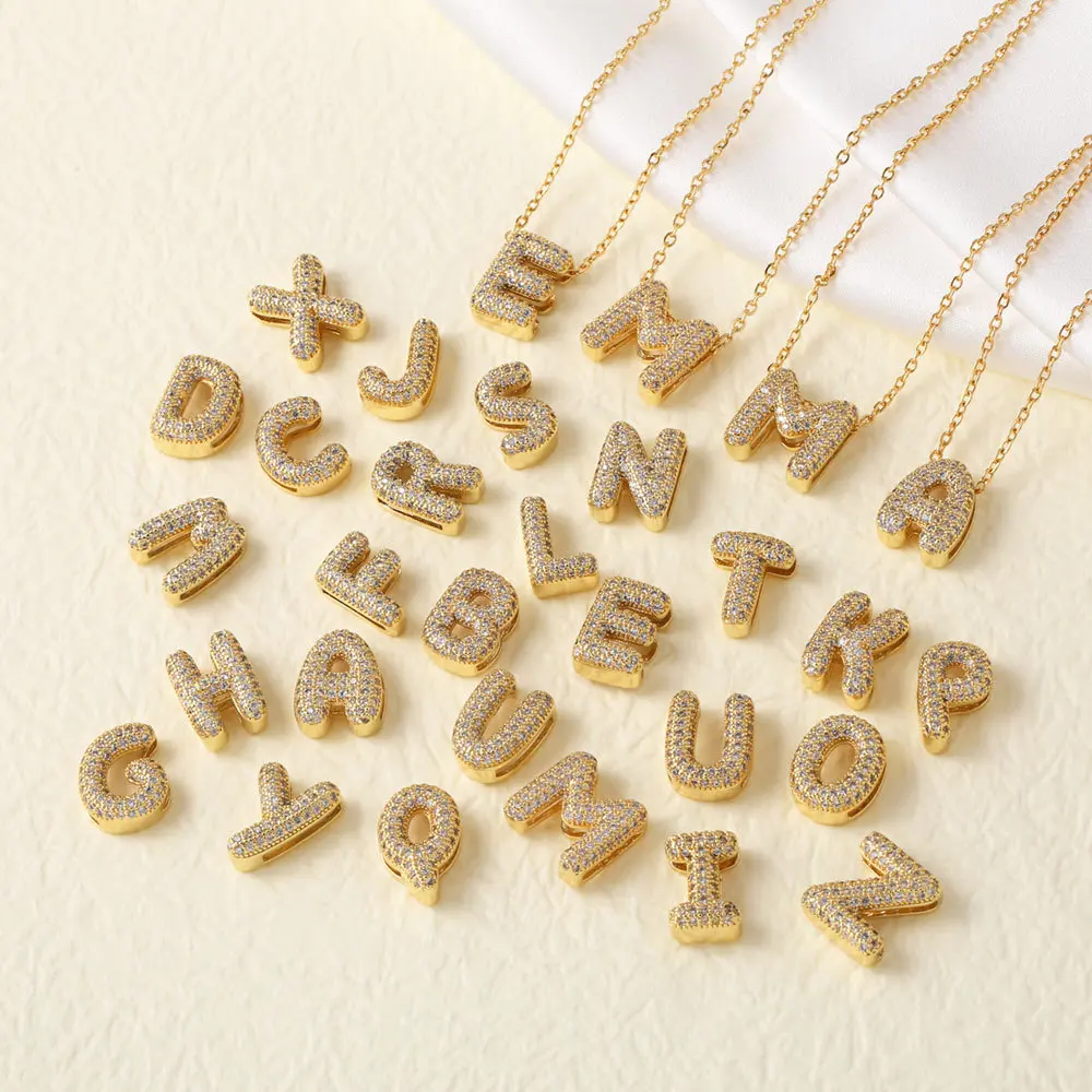 Gold plated copper pavé cubic zirconia initial necklace, a-z letter pendant jewelry