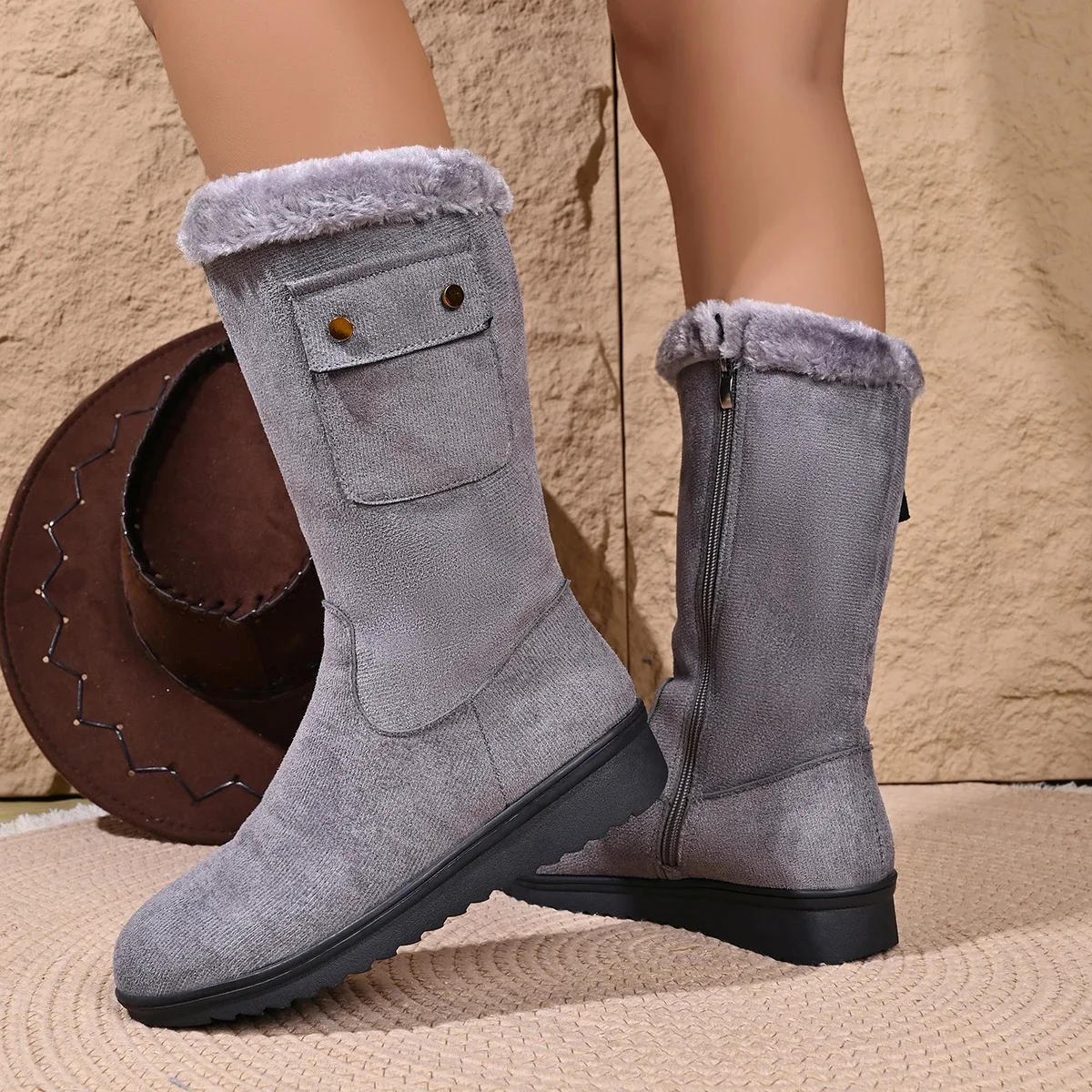 **Winter New Comfortable and Sexy High-heeled Snow Boots Fashion Hot-selling Round Toe Plus Velvet Casual Mid-calf Women's Boots