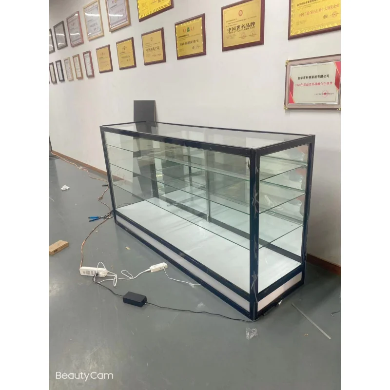 Custom. full glass showcase with flowing LED lights size can custom