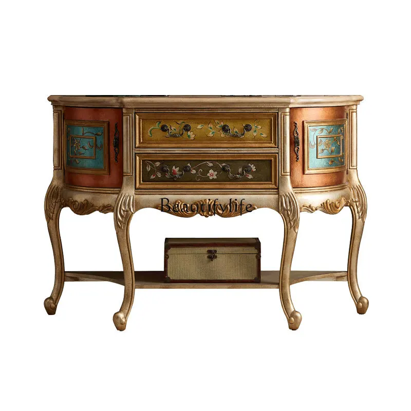 

American-style entrance cabinet European-style living room decoration solid wood foyer painted semi-round storage cabinet