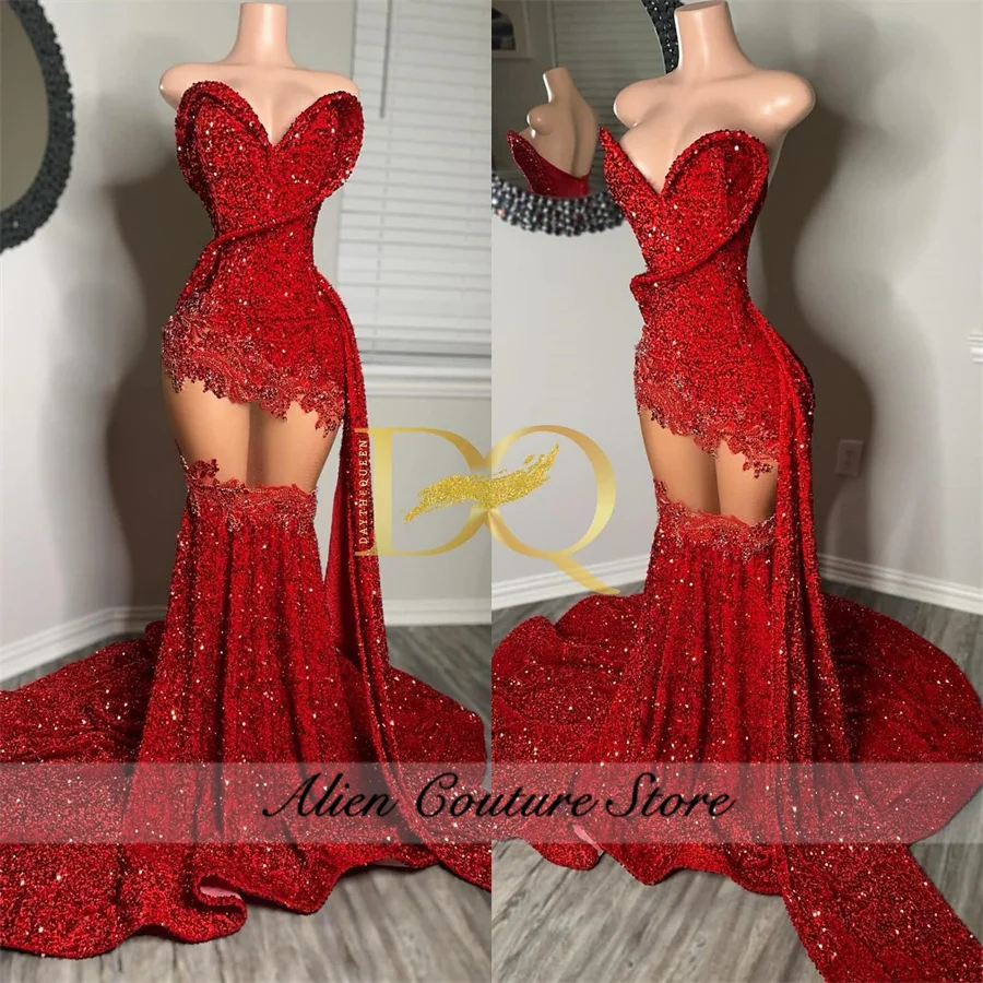 Glitter rosso lungo sirena abiti da ballo scintillanti perline cristalli diamanti abito da compleanno abito da sera personalizzato