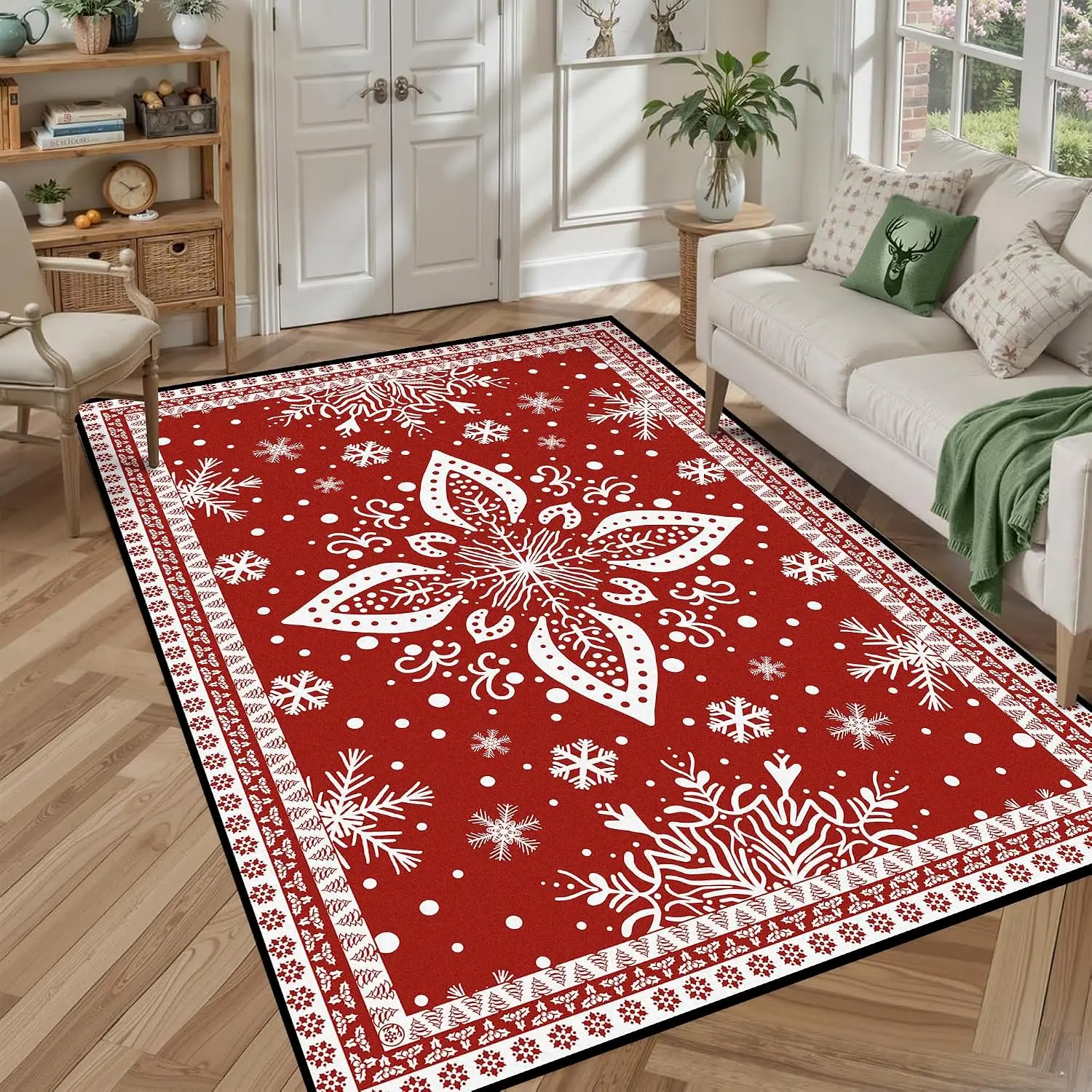 Red Fluffy Snowflake Christmas Area Rug Washable Non Slip Rug Carpet for Dorm Classroom Kids Room Holiday Home Decor