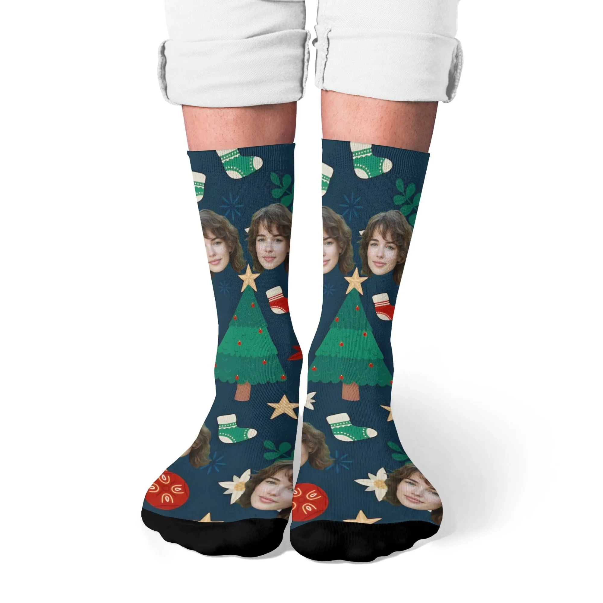 Personalized Christmas Gift Socks Custom Face & Christmas Elements Tree Socks Ornaments on Dark Blue Unique Present for Family