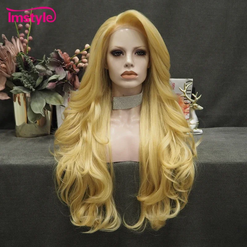 Imstyle Blonde Wig Long Wavy Synthetic Lace Front Wig Heat Resistant Fiber Natural Hair Lace Front Wig Cosplay Wigs For Women