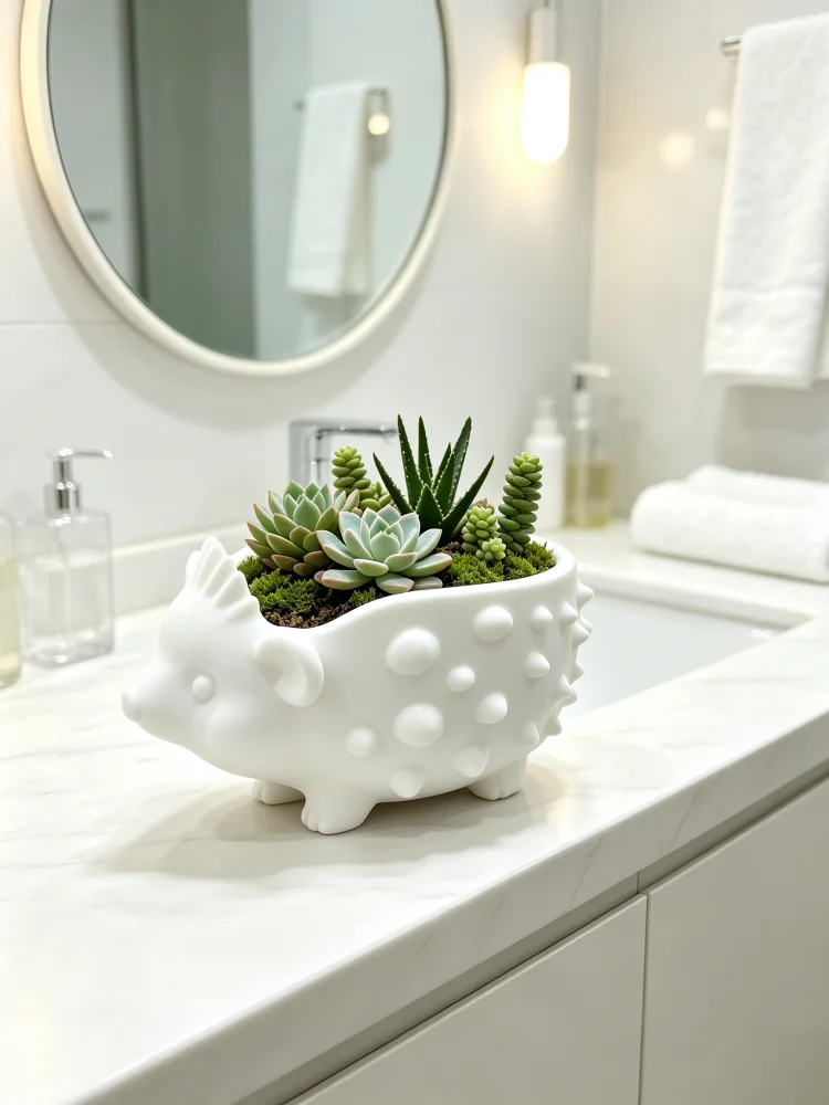 Mini Hedgehog-Shaped Indoor Flower Pot, Made of Durable Matte White Petg Material, Large-Diameter Container for Succulents and Cacti, Cute Animal Design Novelty Decorative Flower Pot, Desktop, Windowsill, Office Desk Ornament, Home Garden Decoration, Housewarming Gift for Green Plant Enthusiasts